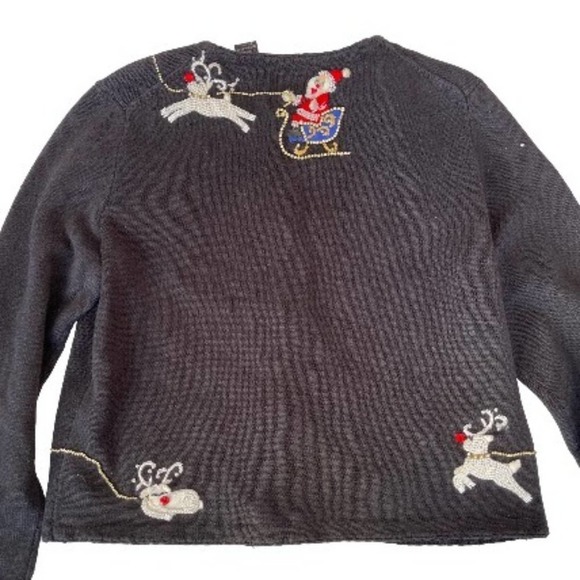 Michael Simon Cardigan Christmas Sweater Art Santa Claus Beaded Reindeer Large - Picture 9 of 16